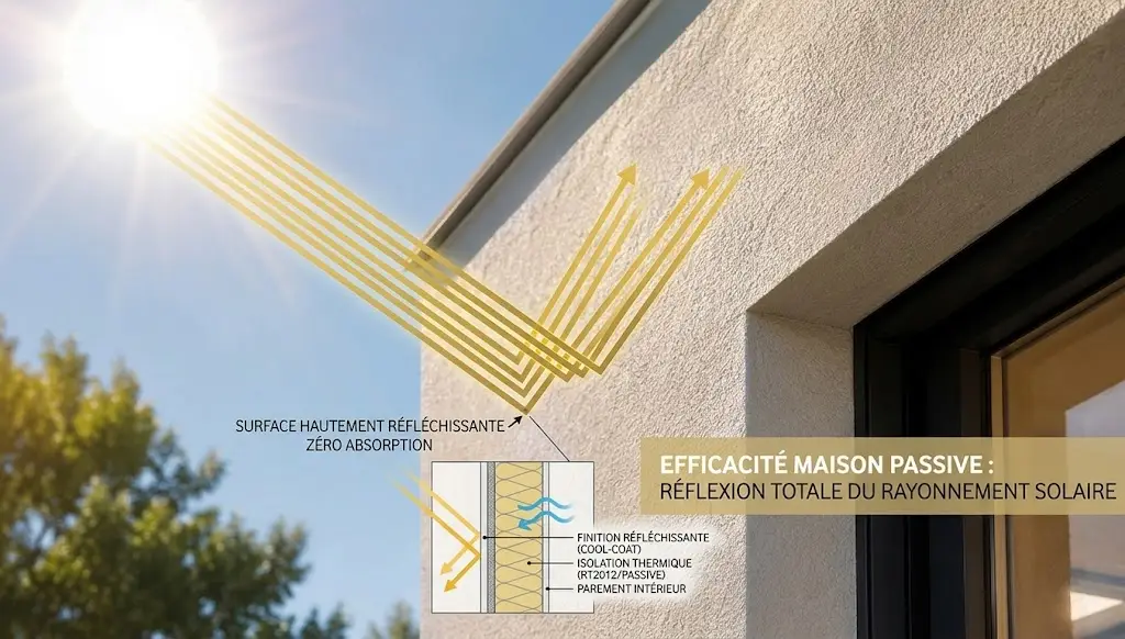 rayons du soleil réfléchis par la façade d'une maison passive pour éviter l'absorption de chaleur pendant la canicule
