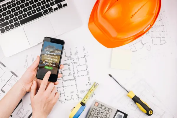 Bureau avec plans, outils de chantier et smartphone de construction écologique — illustration de la page contact Passive House Construction
