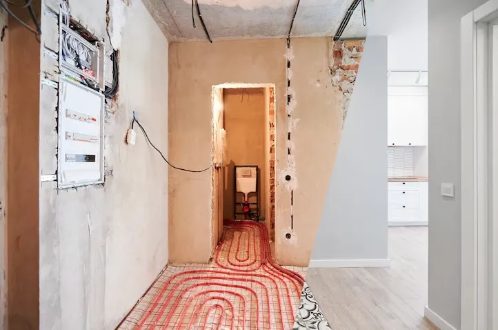 rénovation avant et après d'un couloir avec chauffage au sol